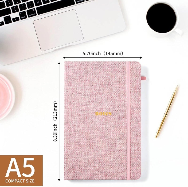TSFPapier A5 Lined Journal Notebook – Hardcover Fabric Cover 160 Pages 100 GSM Thick Paper With Elastic Band & Pen Holder College Ruled Writing Notebooks for Work School Travel Pink - Image 2